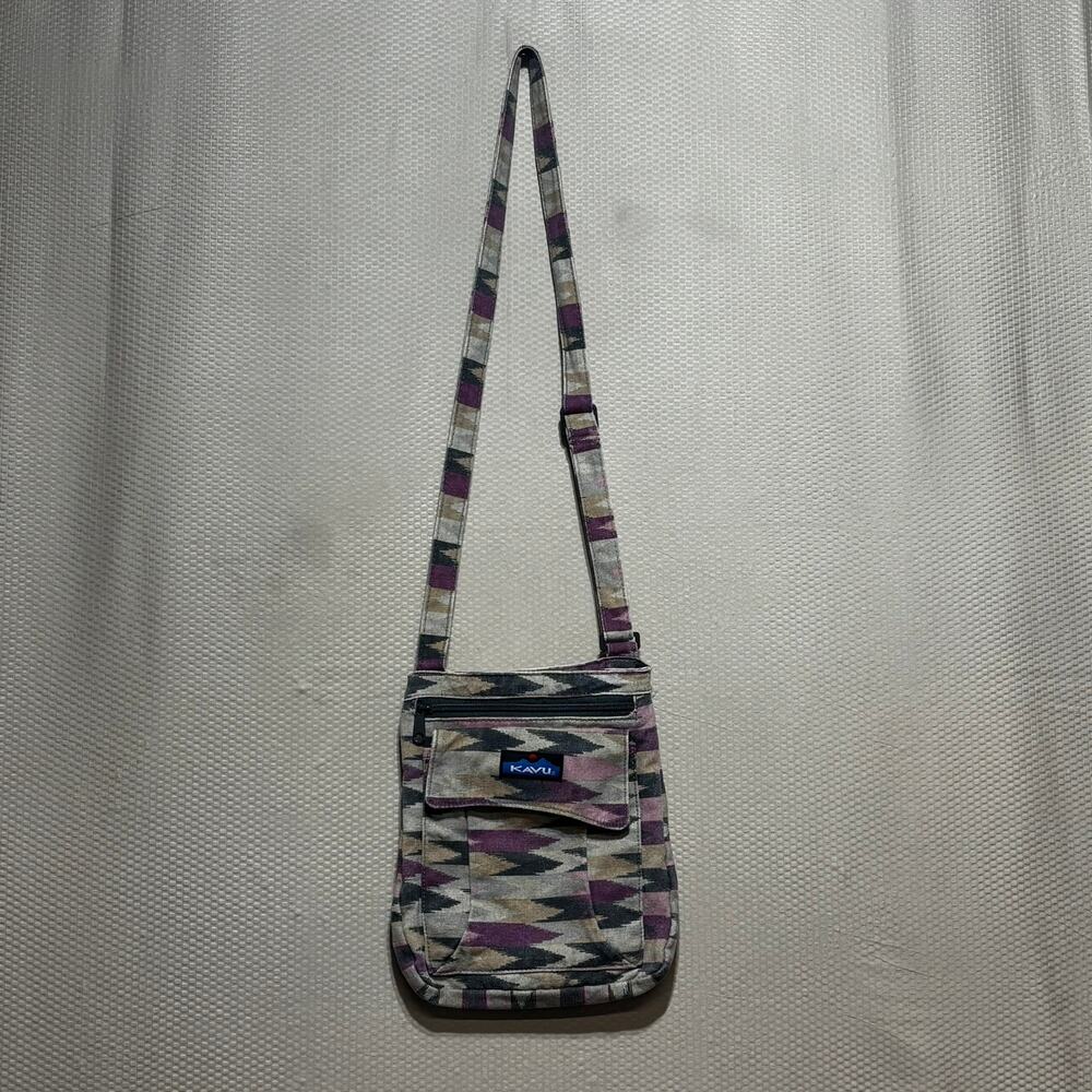 KAVU Keeper Crossbody Bag Purple Ikat Aztec Print Canvas Sling Purse Gorpcore - Picture 2 of 9